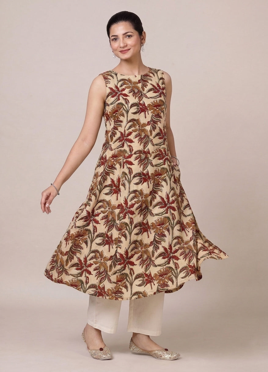 Prerna Sleeveless Cream Blossom Handblock Print Cotton BreezeFit™ Kurta
