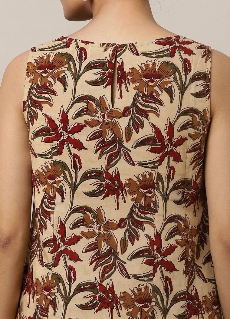 Prerna Sleeveless Cream Blossom Handblock Print Cotton BreezeFit™ Kurta
