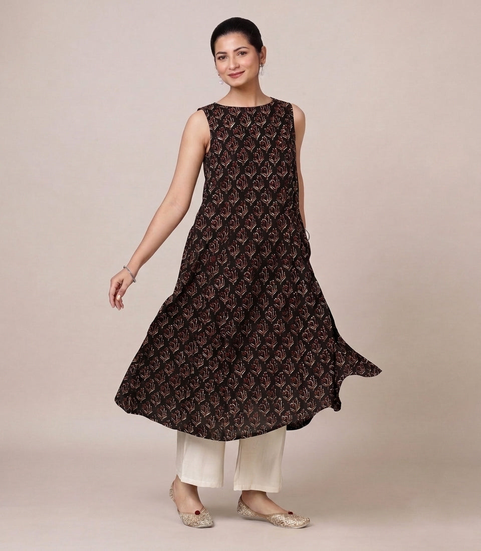 Prerna Sleeveless Midnight Lily Handblock Print Cotton BreezeFit™ Kurta