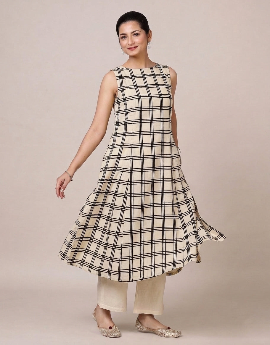 Prerna Sleeveless Cream Windowpane Handblock Print Cotton BreezeFit™ Kurta