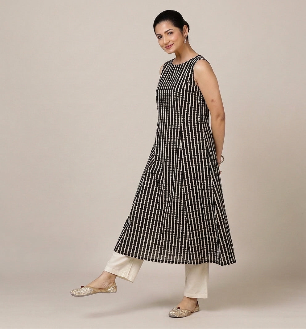 Prerna Sleeveless Earthy Black Stripe Handblock Print Cotton BreezeFit™ Kurta
