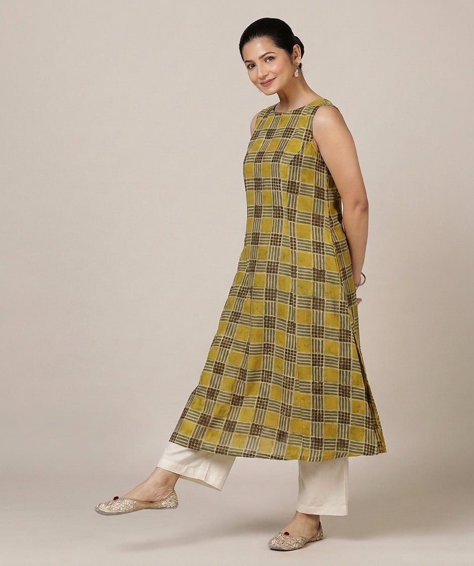 Prerna Sleeveless Olive Grid Handblock Print Cotton BreezeFit™ Kurta