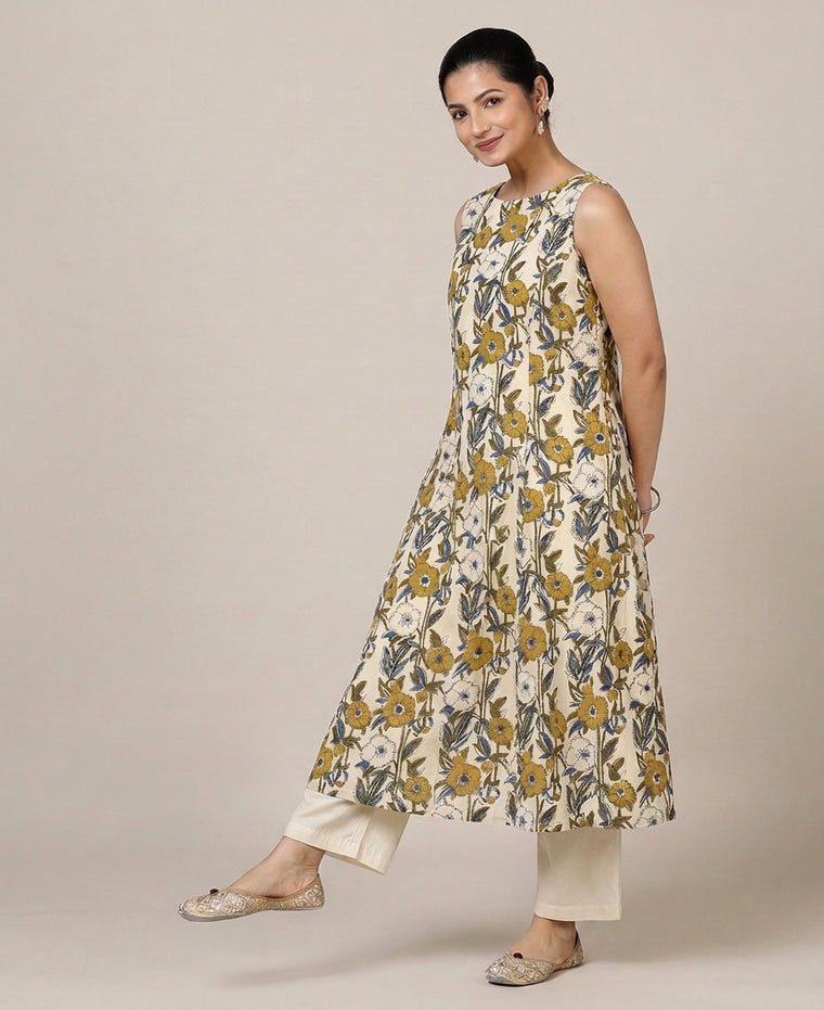 Prerna Sleeveless Cream Meadow Handblock Print Cotton BreezeFit™ Kurta
