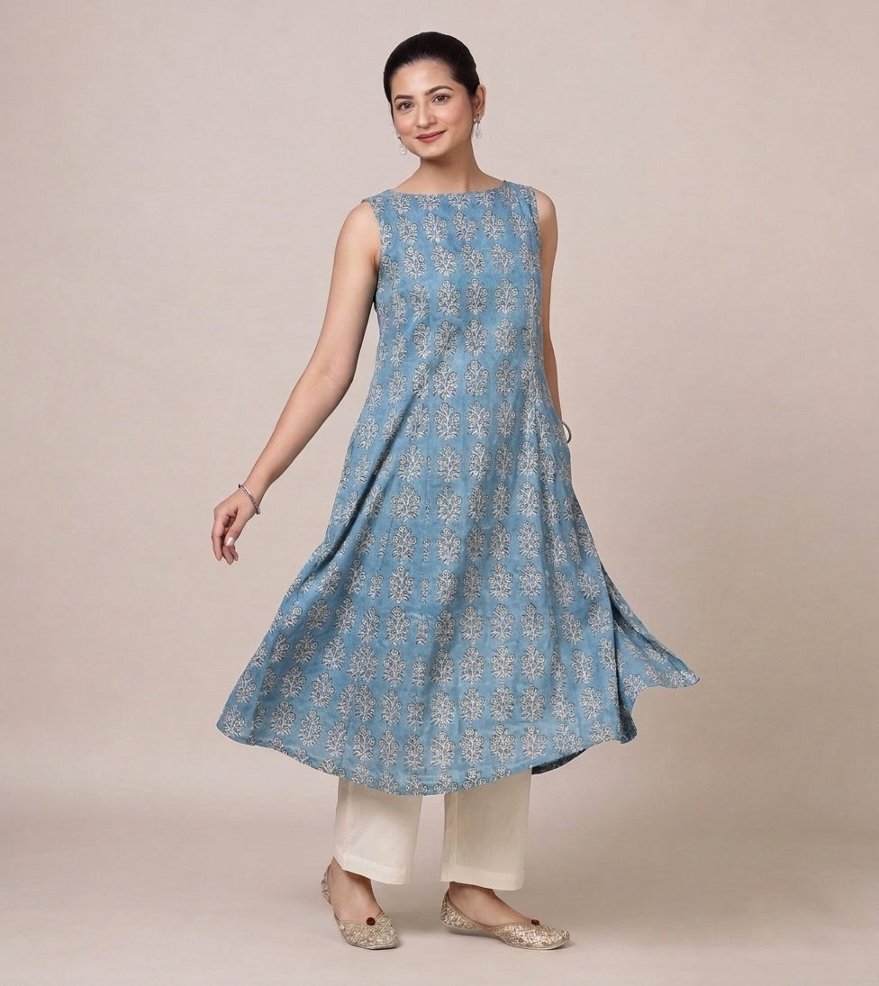 Prerna Sleeveless Blue Garden Handblock Print Cotton BreezeFit™ Kurta
