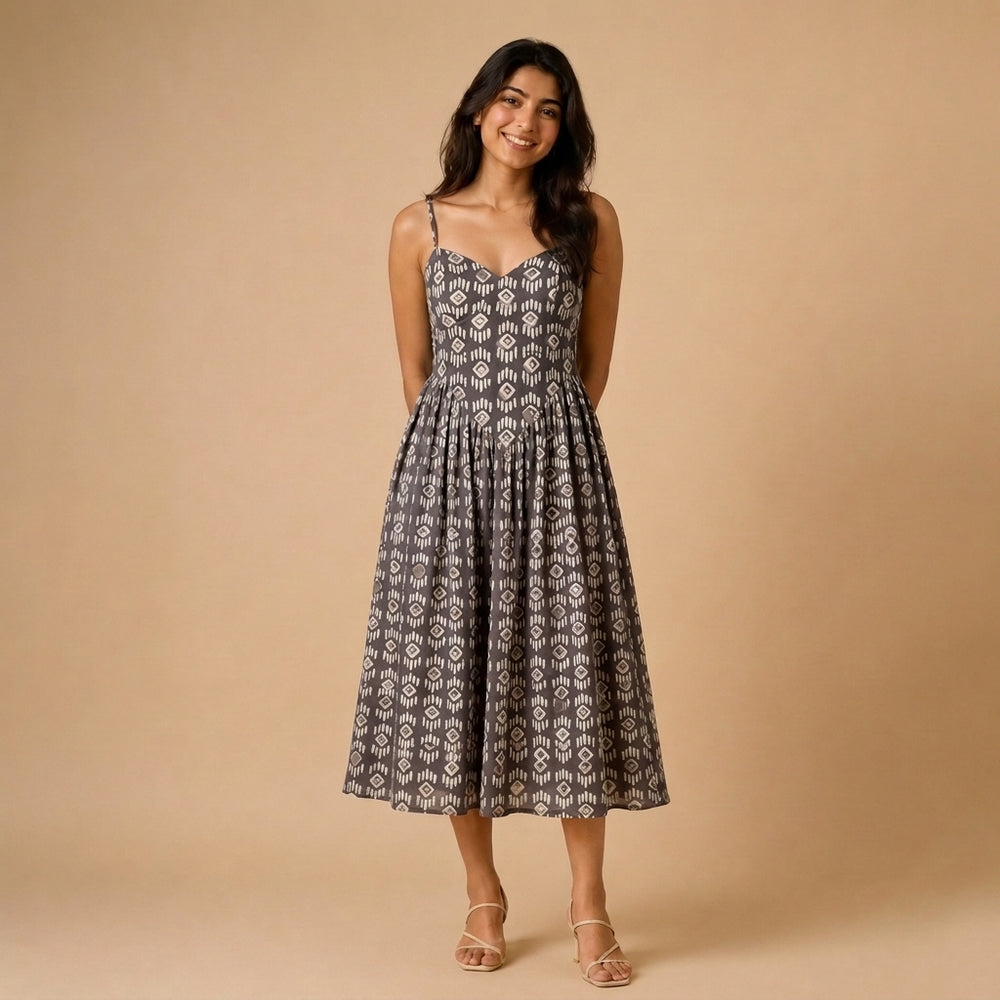Jessica | Sweetheart Neck Brown Tribal Printed Cotton CinchFit™ Dress