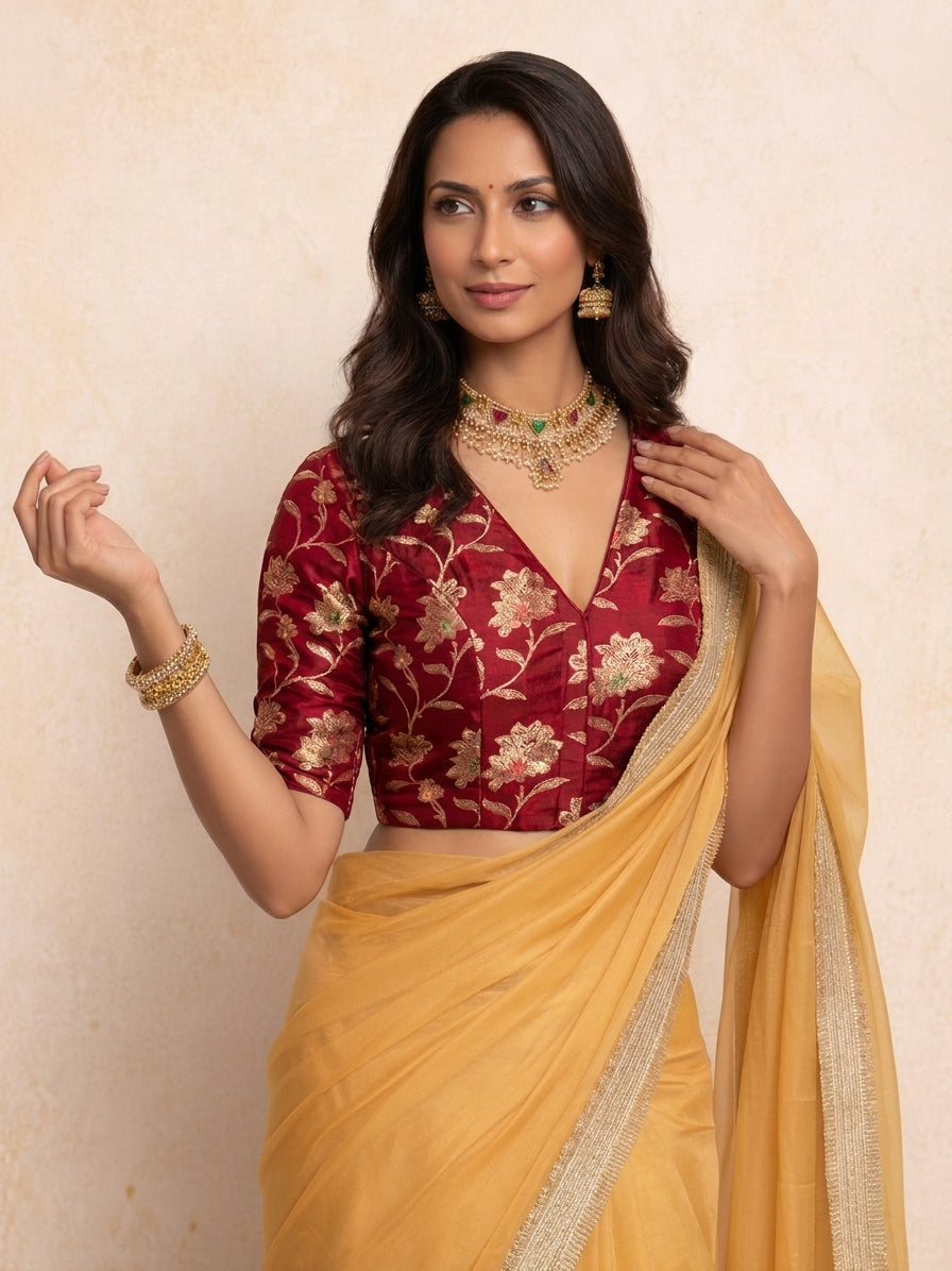 Saira x Tyohaar | Elbow Sleeves Red Meenakari Saree Blouse