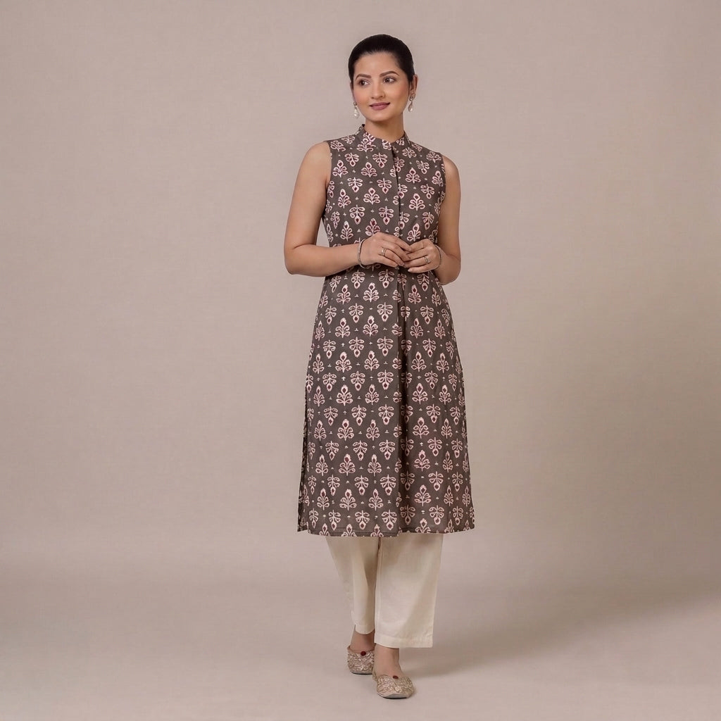 Shreya | A Line Kurta w/ Mandarin Collar in Brown Floral Butta Blockprinted Cotton