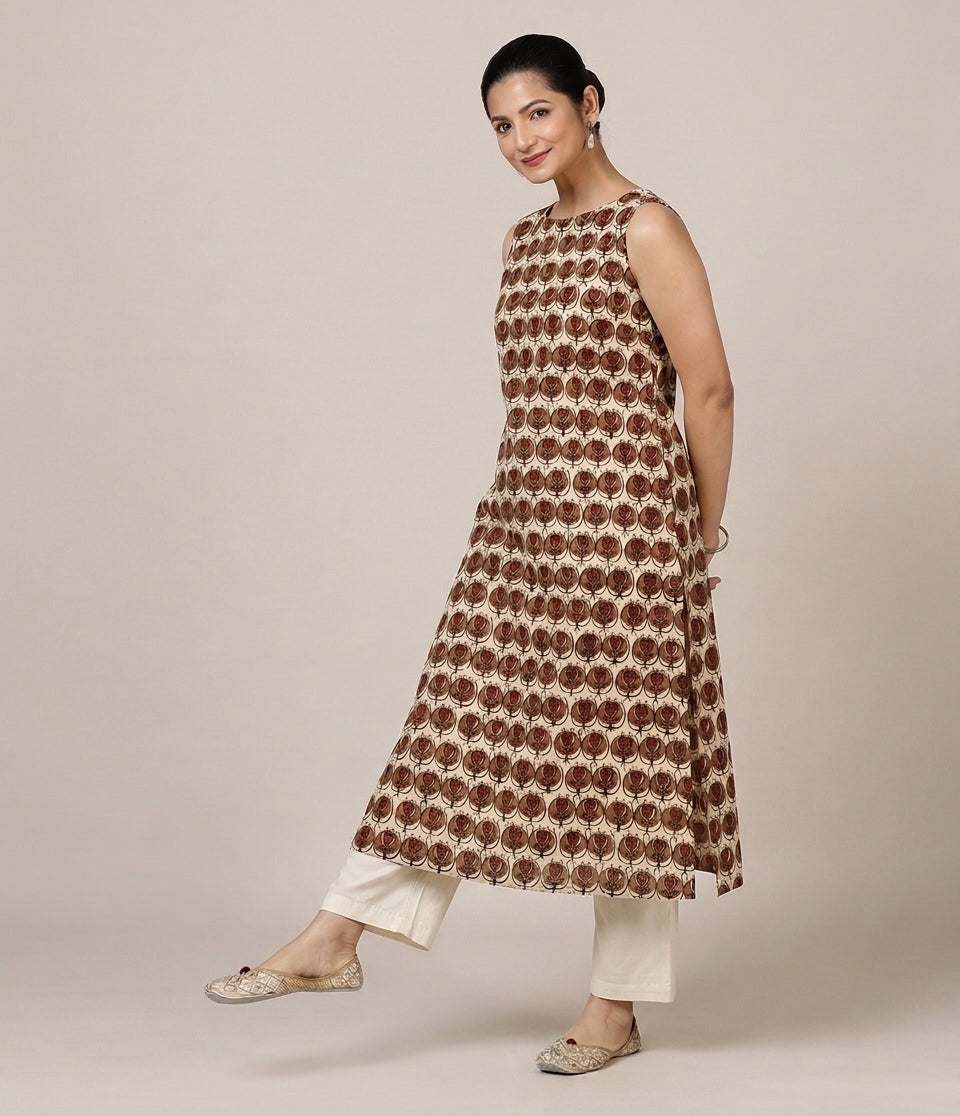 Prerna Sleeveless Cream Floral Handblock Print Cotton BreezeFit™ Kurta