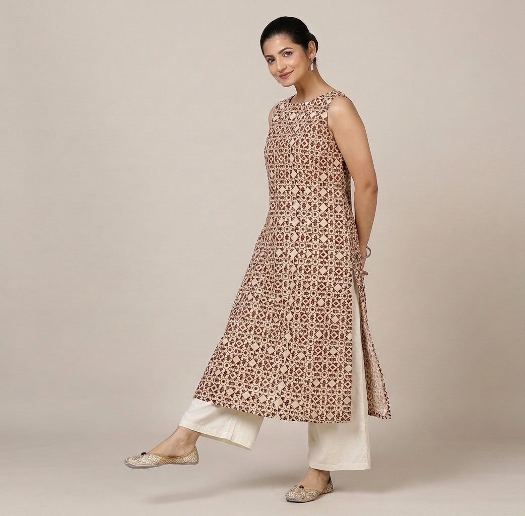 Prerna Sleeveless Cream & Red Geometric Handblock Print Cotton BreezeFit™ Kurta