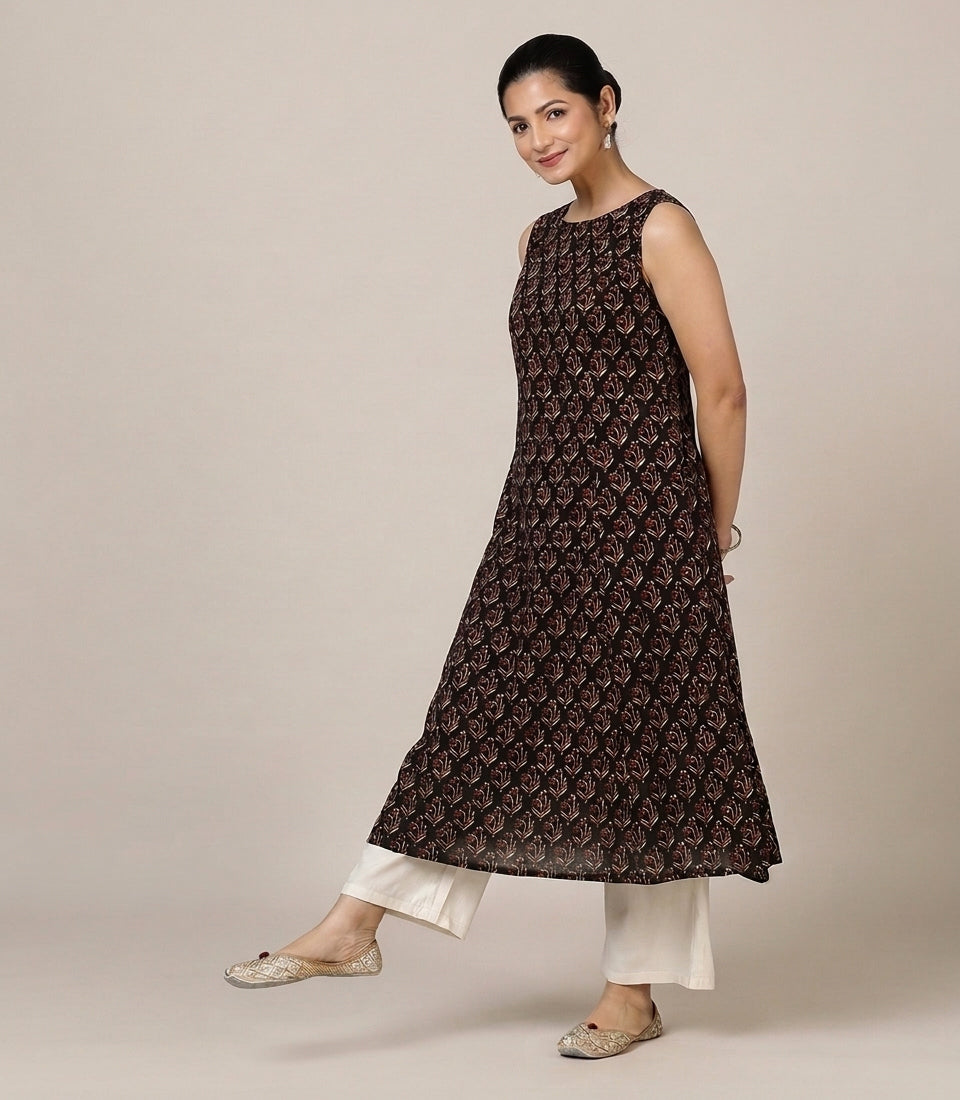 Prerna Sleeveless Midnight Lily Handblock Print Cotton BreezeFit™ Kurta