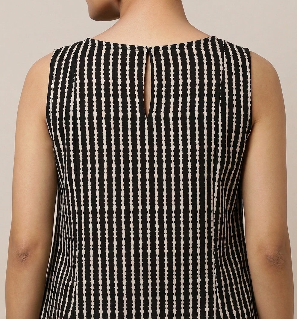 Prerna Sleeveless Earthy Black Stripe Handblock Print Cotton BreezeFit™ Kurta