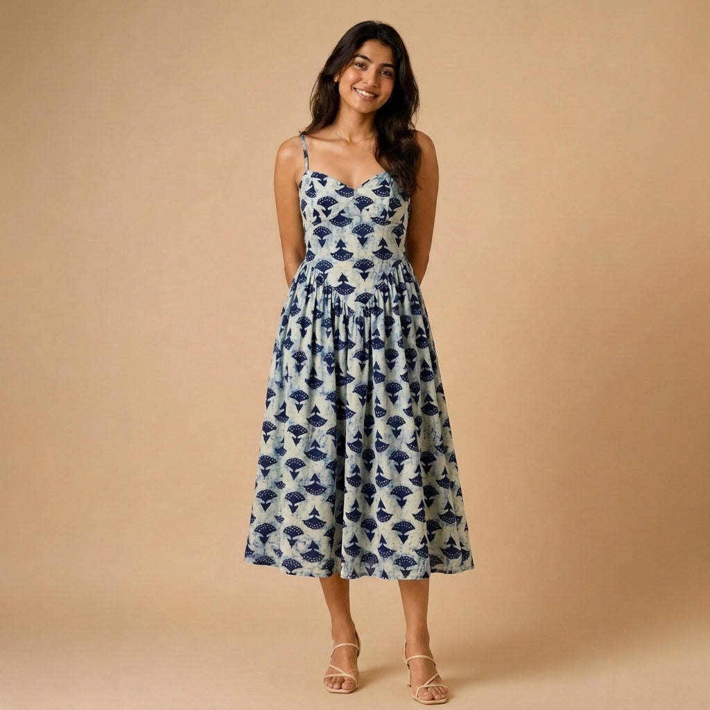 Jessica | Sweetheart Neck Blue Floral Bud Printed Cotton CinchFit™ Dress