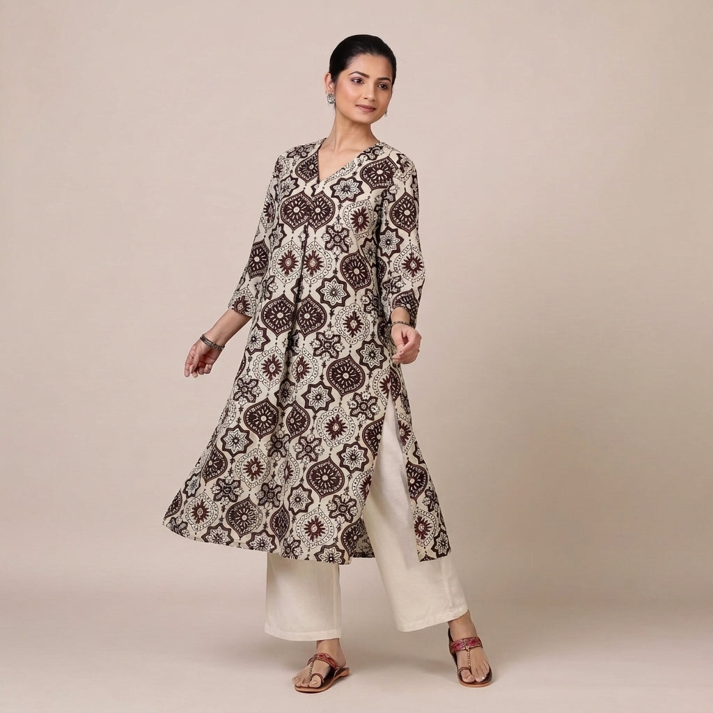 Bhavna Pleated Beige & Red Ajrakh Jaal Printed Cotton BreezeFit™ Kurta
