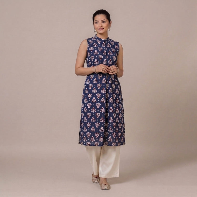 Shreya | A Line Kurta w/ Mandarin Collar in Blue Floral Butta Blockprinted Cotton