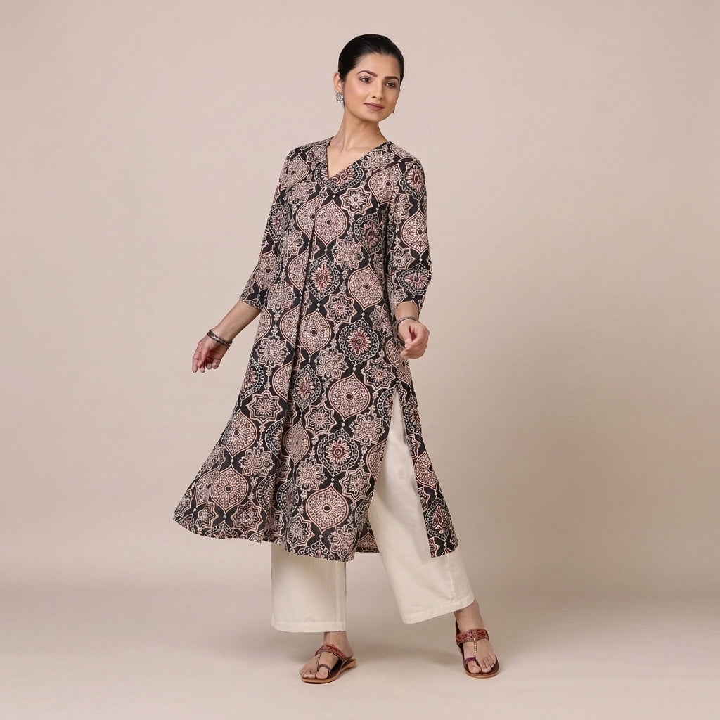 Bhavna Pleated Black Ajrakh Jaal Printed Cotton BreezeFit™ Kurta