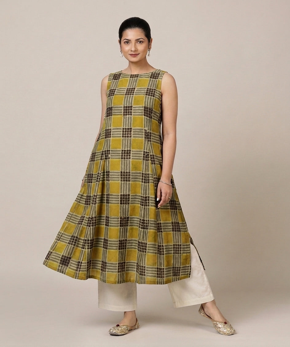 Prerna Sleeveless Olive Grid Handblock Print Cotton BreezeFit™ Kurta