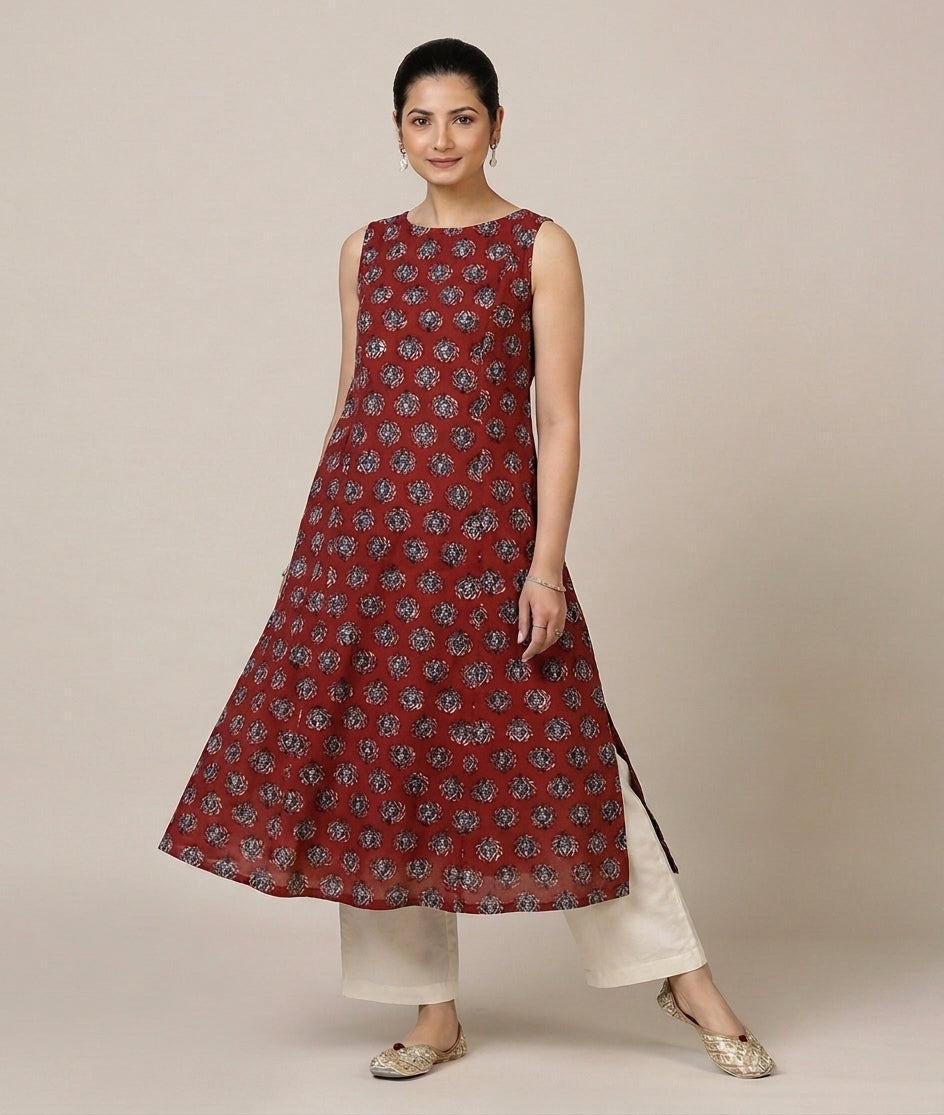 Prerna Sleeveless Crimson Field Handblock Print Cotton BreezeFit™ Kurta