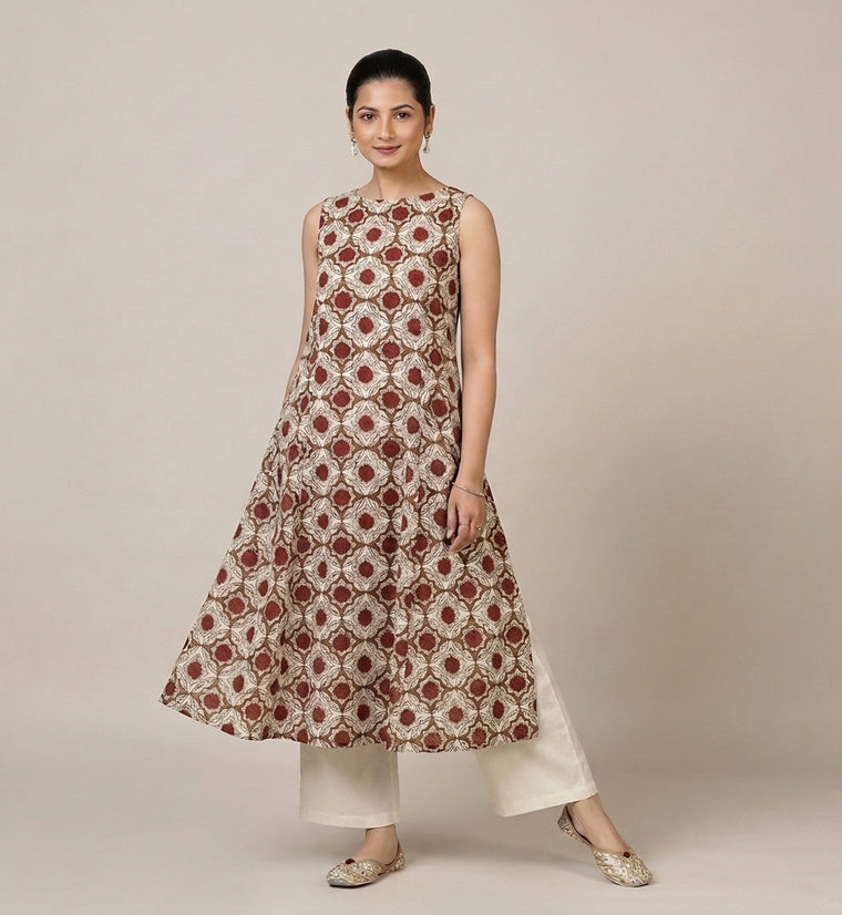 Prerna Sleeveless Red Dahlia Handblock Print Cotton BreezeFit™ Kurta