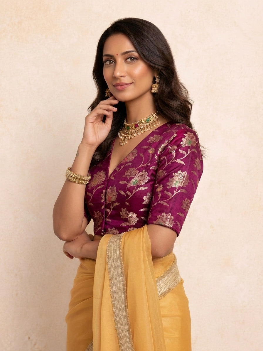 Saira x Tyohaar | Elbow Sleeves Violet Meenakari Saree Blouse