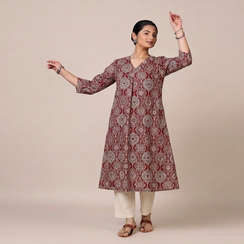 Bhavna Pleated Red Ajrakh Jaal Printed Cotton BreezeFit™ Kurta