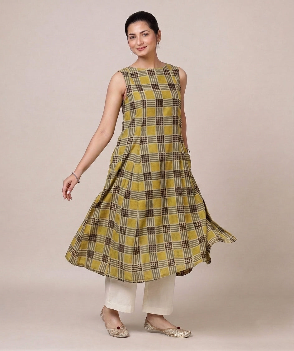 Prerna Sleeveless Olive Grid Handblock Print Cotton BreezeFit™ Kurta