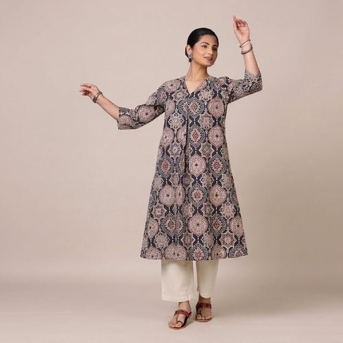 Bhavna Pleated Black Ajrakh Jaal Printed Cotton BreezeFit™ Kurta