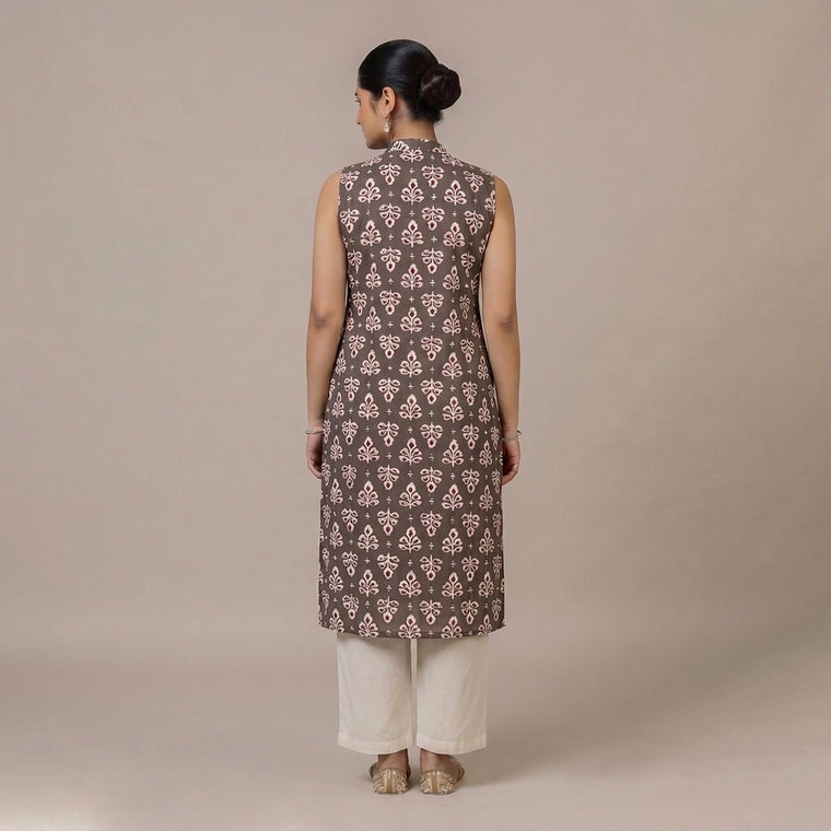 Shreya | A Line Kurta w/ Mandarin Collar in Brown Floral Butta Blockprinted Cotton