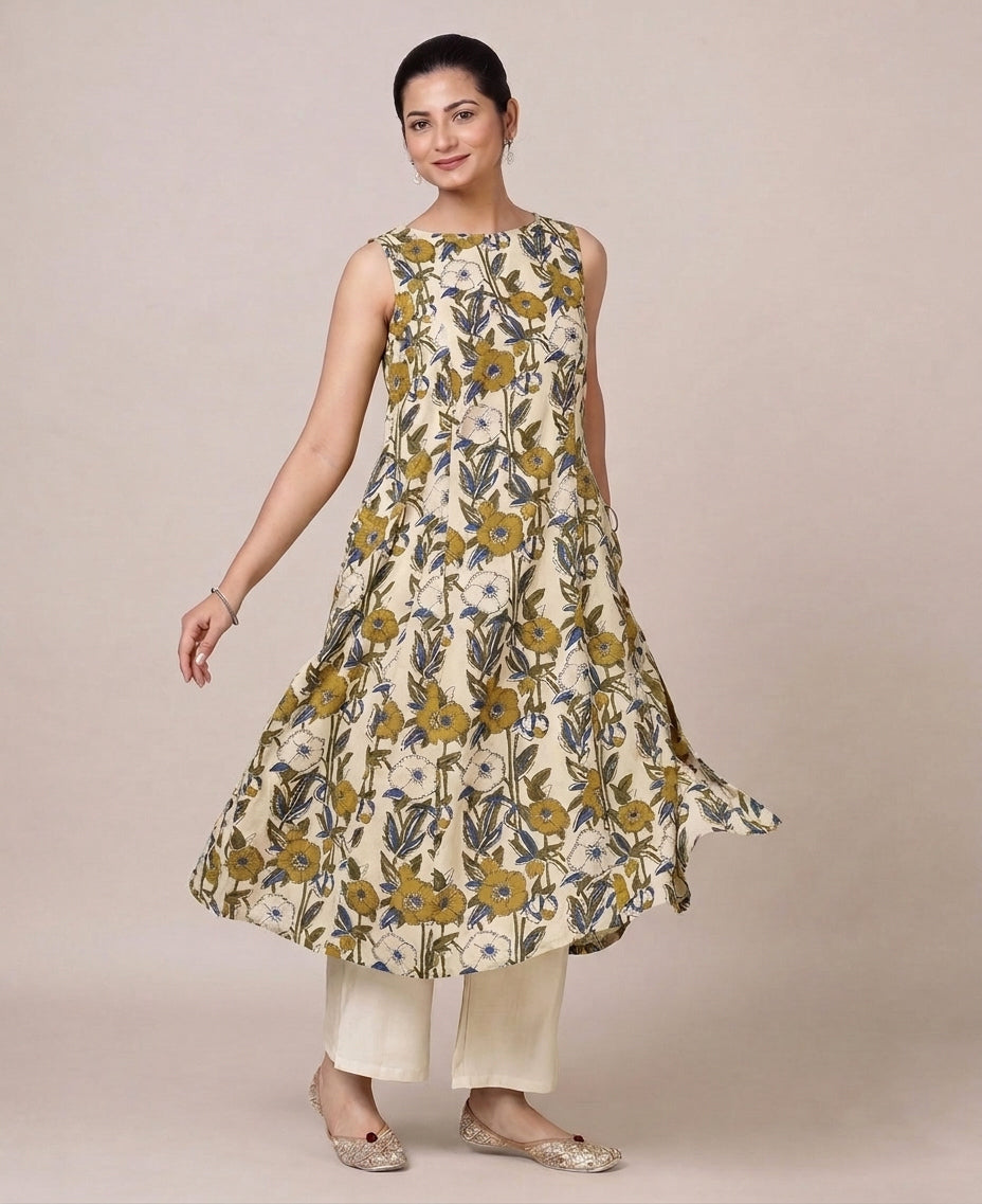 Prerna Sleeveless Cream Meadow Handblock Print Cotton BreezeFit™ Kurta