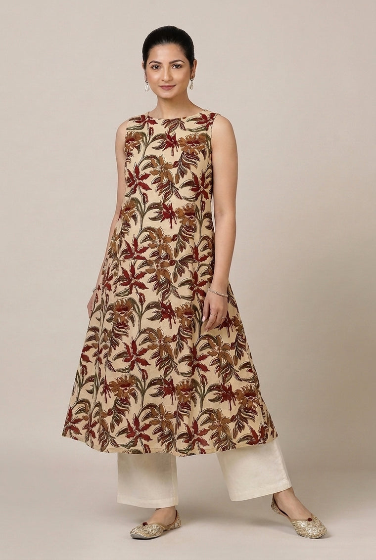 Prerna Sleeveless Cream Blossom Handblock Print Cotton BreezeFit™ Kurta