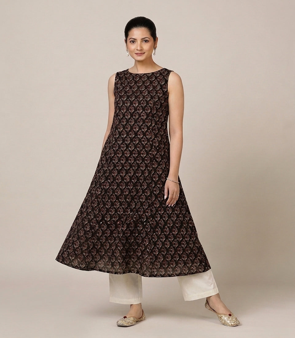 Prerna Sleeveless Midnight Lily Handblock Print Cotton BreezeFit™ Kurta