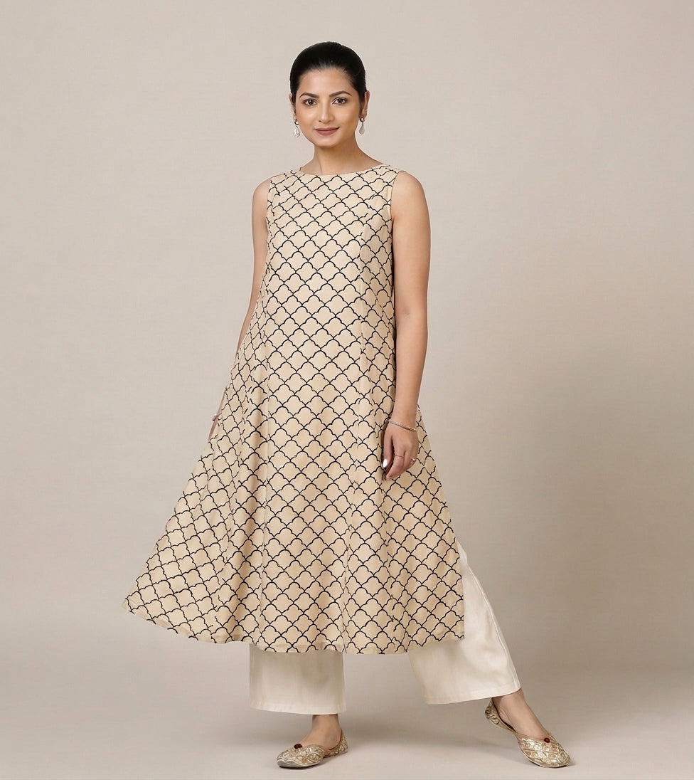 Prerna Sleeveless Cream Fishscale Handblock Print Cotton BreezeFit™ Kurta