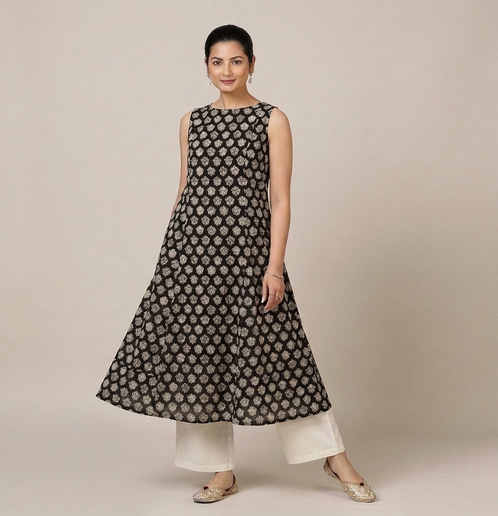 Prerna Sleeveless Black Floral Handblock Print Cotton BreezeFit™ Kurta