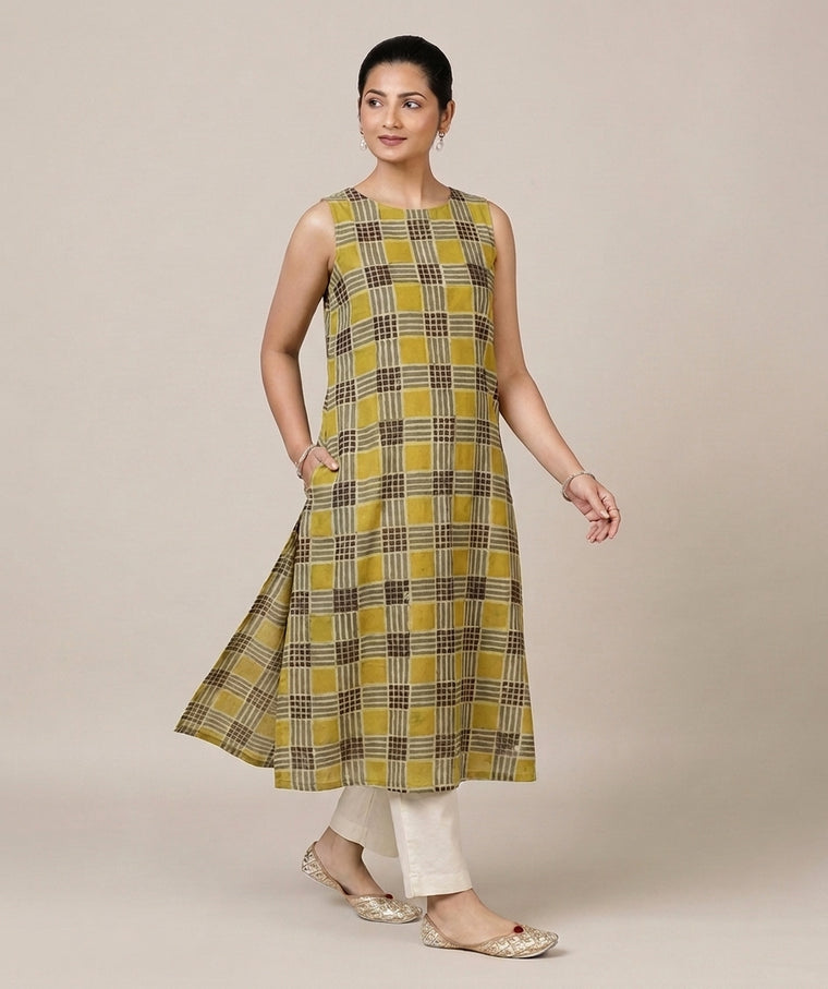 Prerna Sleeveless Olive Grid Handblock Print Cotton BreezeFit™ Kurta