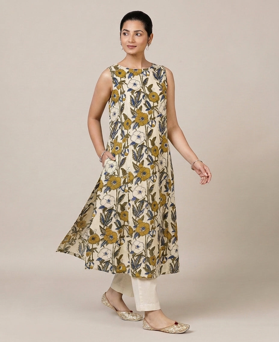 Prerna Sleeveless Cream Meadow Handblock Print Cotton BreezeFit™ Kurta