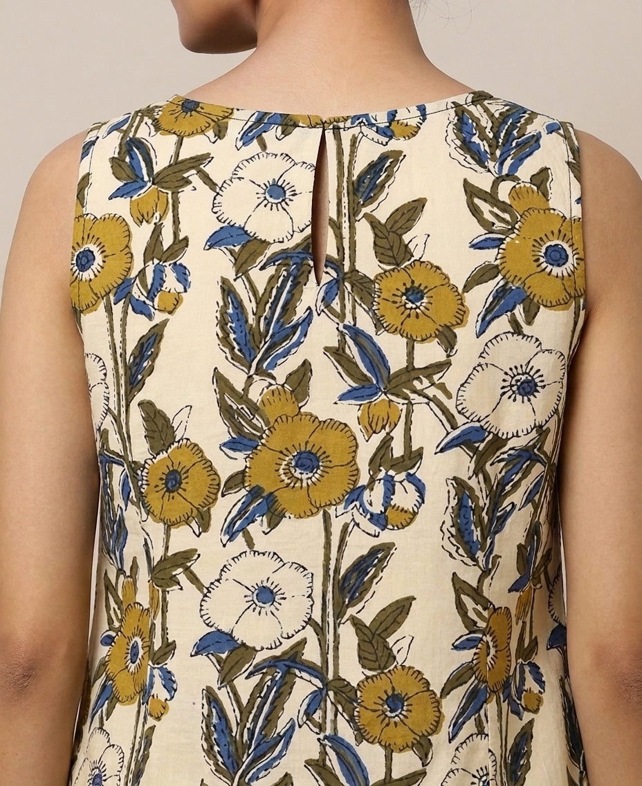 Prerna Sleeveless Cream Meadow Handblock Print Cotton BreezeFit™ Kurta