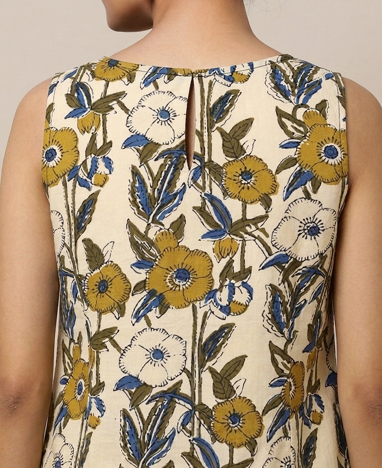 Prerna Sleeveless Cream Meadow Handblock Print Cotton BreezeFit™ Kurta