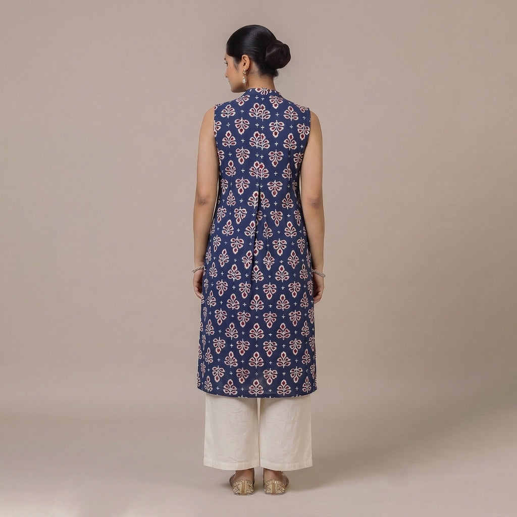 Shreya | A Line Kurta w/ Mandarin Collar in Blue Floral Butta Blockprinted Cotton