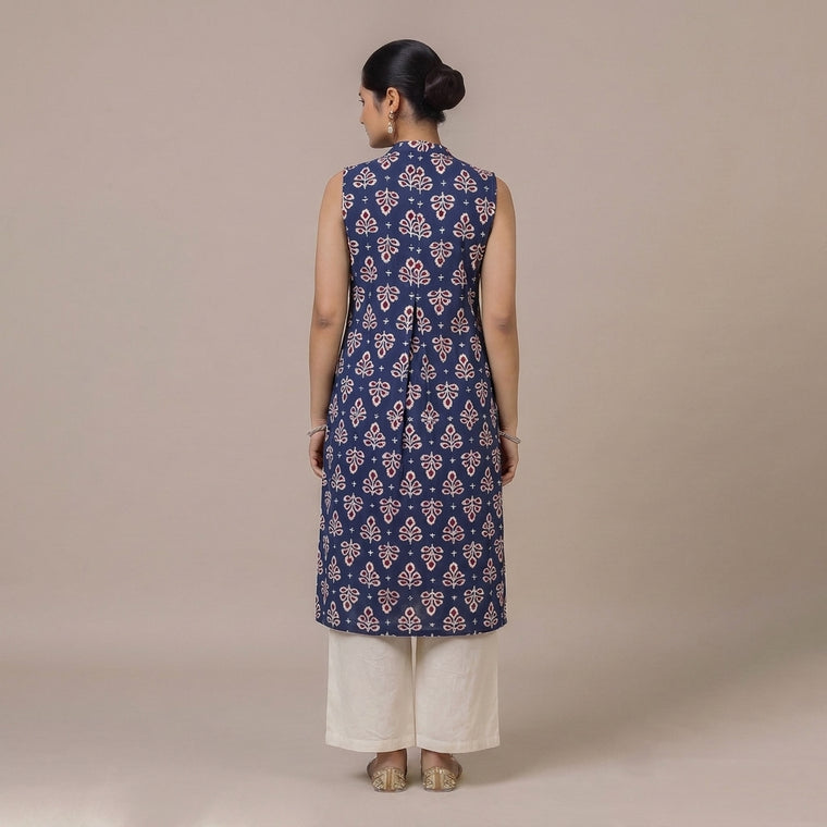 Shreya | A Line Kurta w/ Mandarin Collar in Blue Floral Butta Blockprinted Cotton