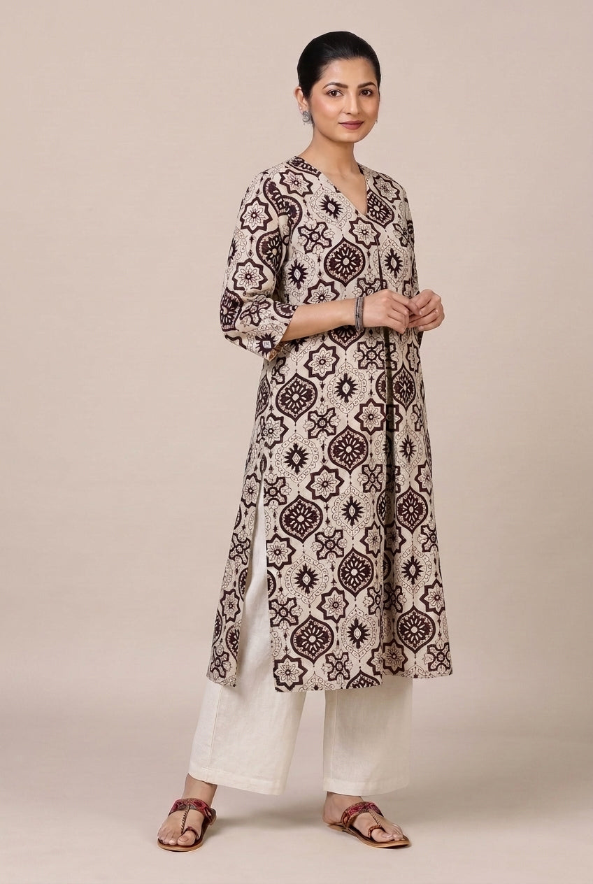 Bhavna Pleated Beige & Black Ajrakh Jaal Printed Cotton BreezeFit™ Kurta