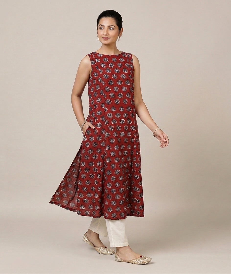 Prerna Sleeveless Crimson Field Handblock Print Cotton BreezeFit™ Kurta