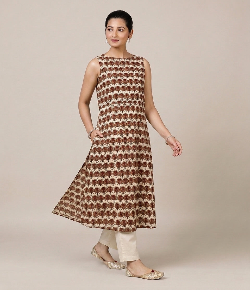 Prerna Sleeveless Cream Floral Handblock Print Cotton BreezeFit™ Kurta