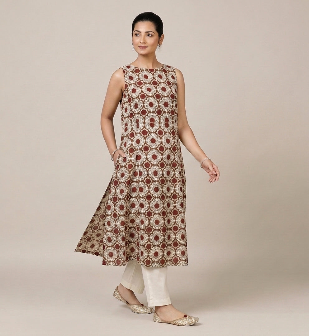 Prerna Sleeveless Red Dahlia Handblock Print Cotton BreezeFit™ Kurta