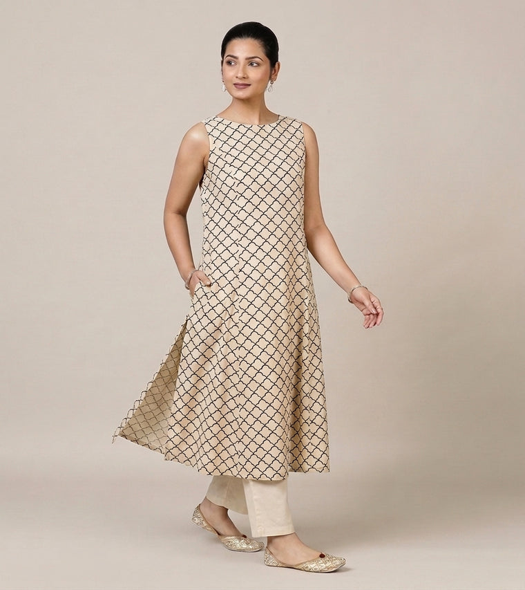 Prerna Sleeveless Cream Fishscale Handblock Print Cotton BreezeFit™ Kurta