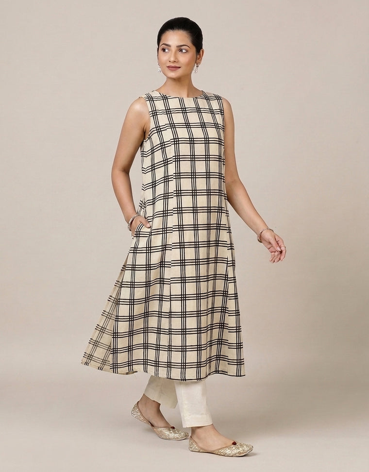 Prerna Sleeveless Cream Windowpane Handblock Print Cotton BreezeFit™ Kurta