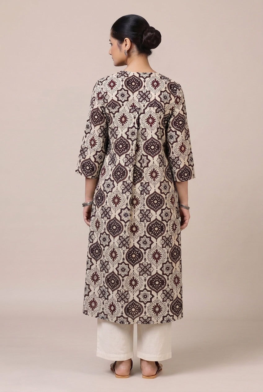 Bhavna Pleated Beige & Red Ajrakh Jaal Printed Cotton BreezeFit™ Kurta