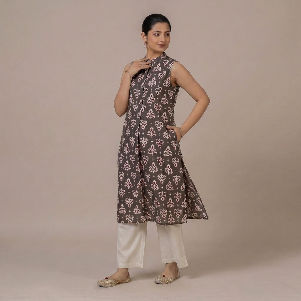 Shreya | A Line Kurta w/ Mandarin Collar in Brown Floral Butta Blockprinted Cotton