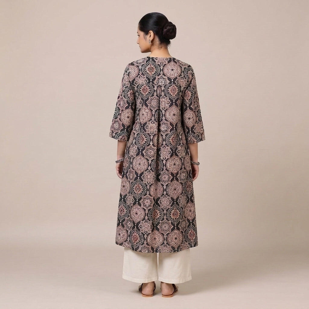 Bhavna Pleated Black Ajrakh Jaal Printed Cotton BreezeFit™ Kurta