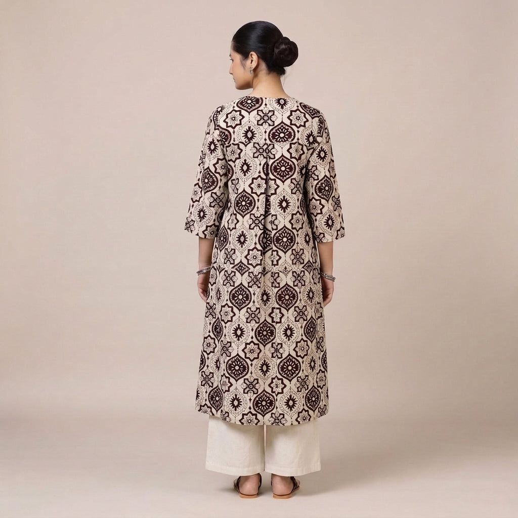 Bhavna Pleated Beige & Black Ajrakh Jaal Printed Cotton BreezeFit™ Kurta