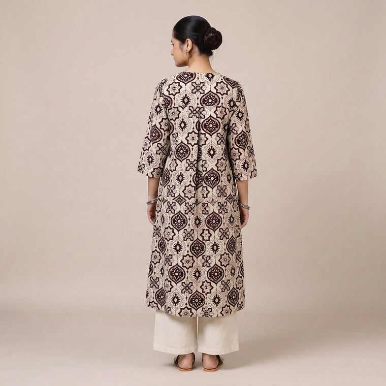 Bhavna Pleated Beige & Black Ajrakh Jaal Printed Cotton BreezeFit™ Kurta