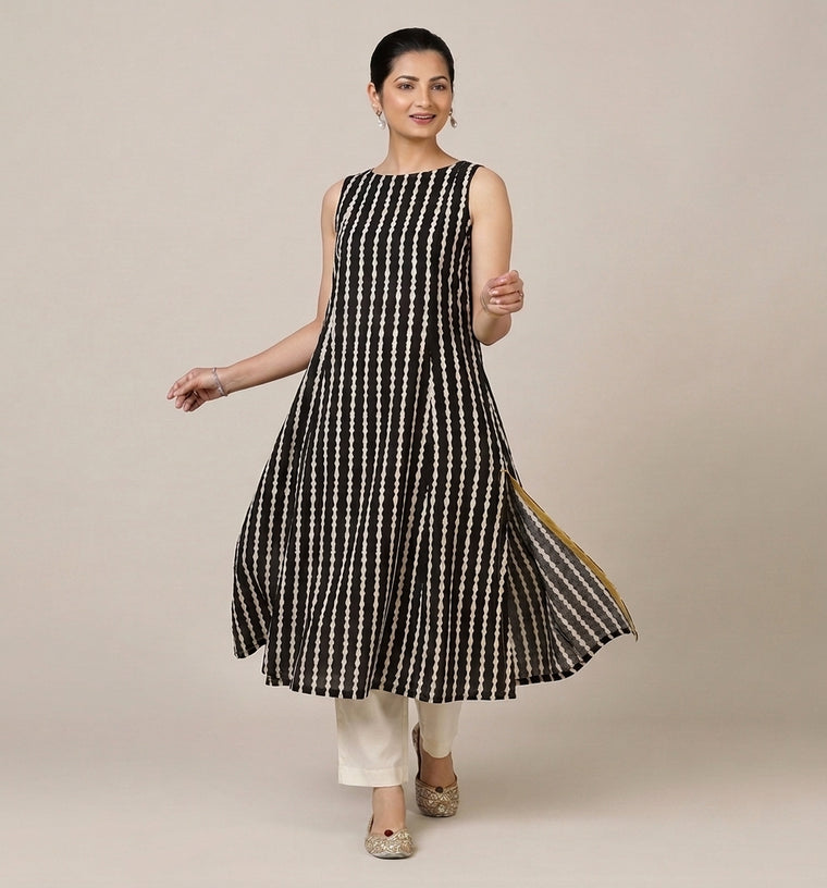 Prerna Sleeveless Earthy Black Stripe Handblock Print Cotton BreezeFit™ Kurta